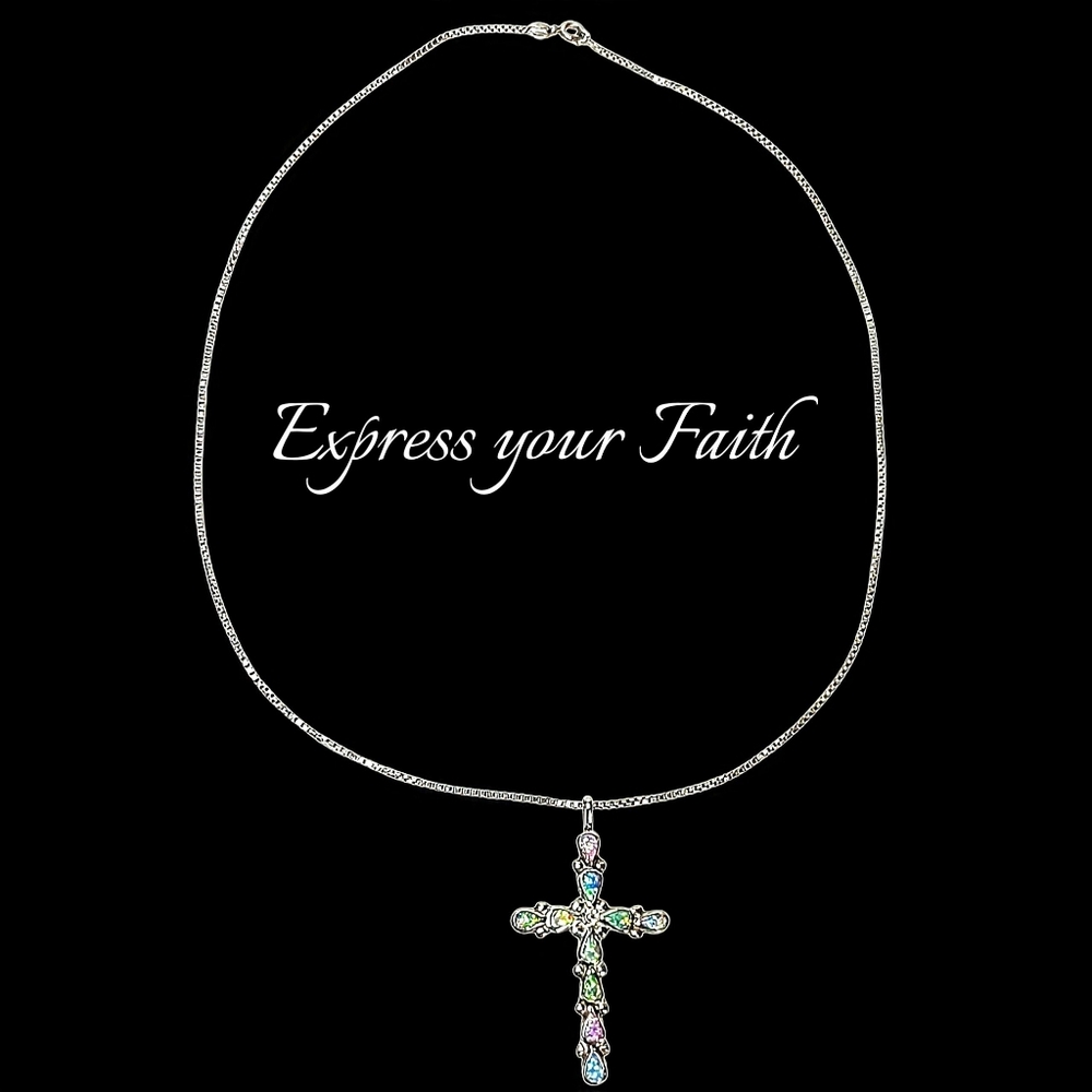 Vintage Sterling Silver Zuni Opal Cross Necklace - Picture 4 of 9